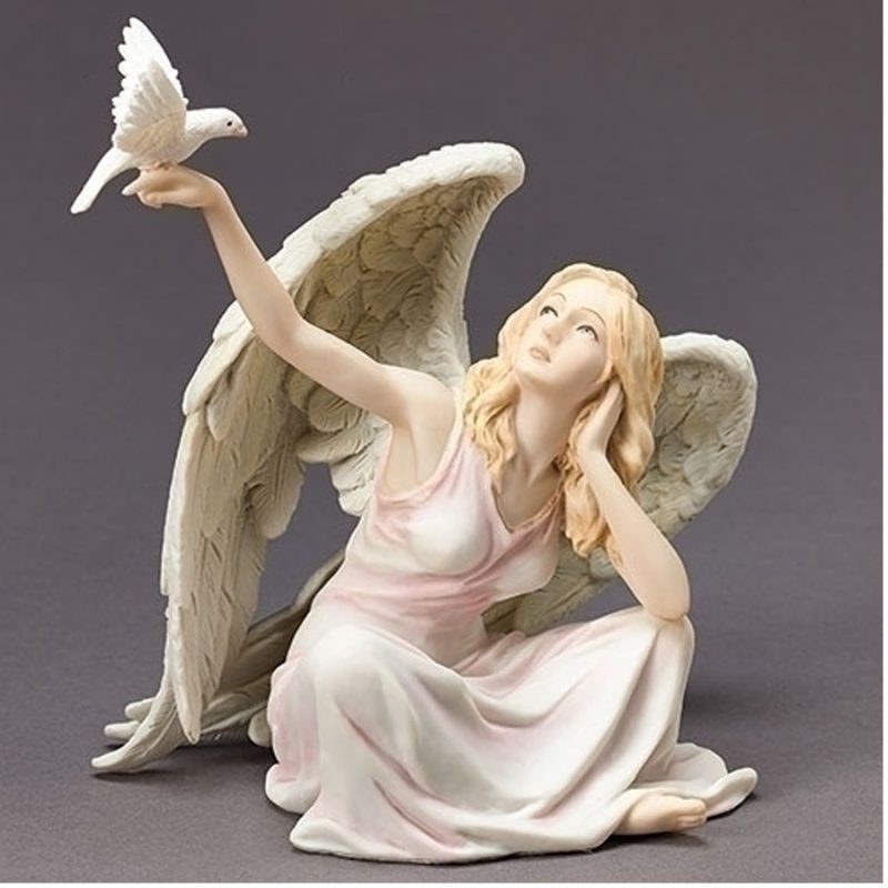Angel in pink sitting with dove