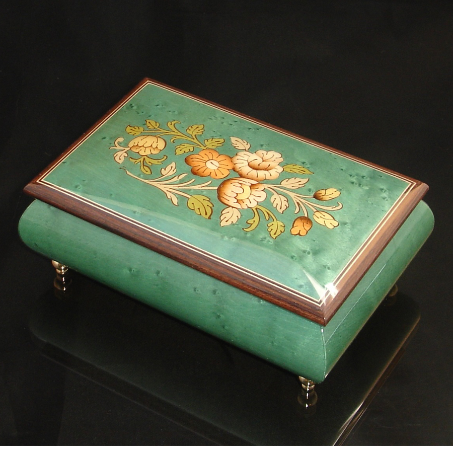 Italian Inlay Green Floral Musical Jewelry Box | The Music Box Company