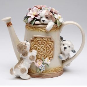 Porcelain Musical 3 Puppies on Watering Can