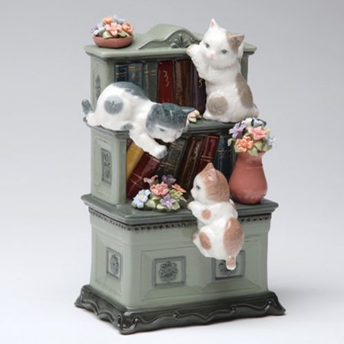 Porcelain musical Kittens on Bookshelf