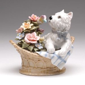 Porcelain White Terrier in basket with flowers