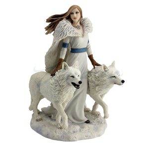 Winter Guardians figurine woman with 2 wolves