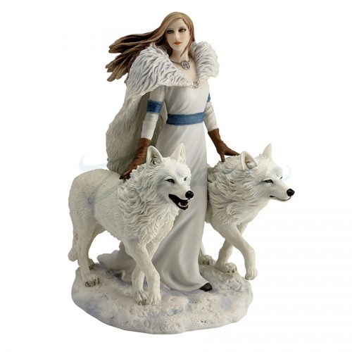 Winter Guardians figurine woman with 2 wolves