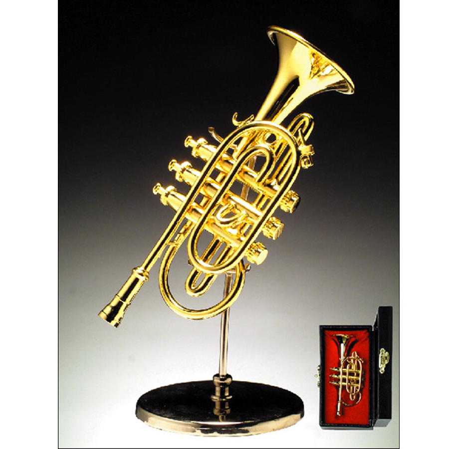Miniature Dollhouse Brass Trumpet w/ Case   No moving parts 