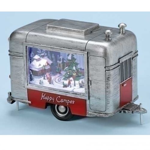 Retro Airstream musical with lighted animated Christmas scene inside