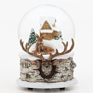 Musical Water Globe with a mom and baby deer and a cabin inside the globe and beautiful buck deer base