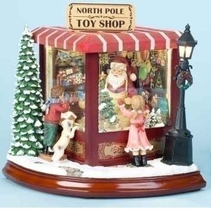 North Pole Toy Shop with Santa inside and childrennlooking into the window musical