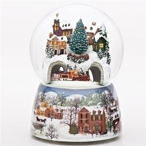 Larger water globe with a revolving train under a snow covered village