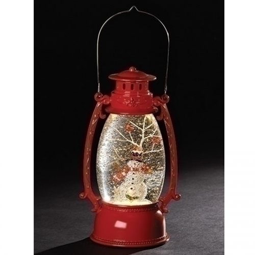 Christmas Lighted Lantern in red with snowman and cardinals inside. Automatic swirl action for the glitter