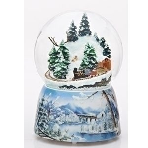 Train on a snow covered mountain inside the musical globe with blue winter scenebase
