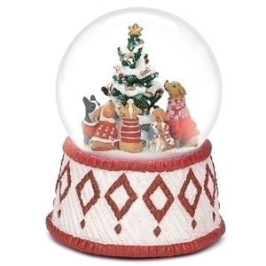 Dogs around a Christmas tree musical water globe