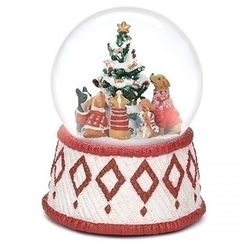 Dogs around a Christmas tree musical water globe