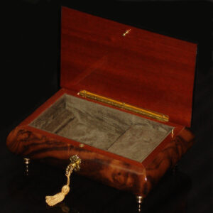 Italian-Inlay-Musical-Jewelry-Box-Burl-Walnut-open-green-interior