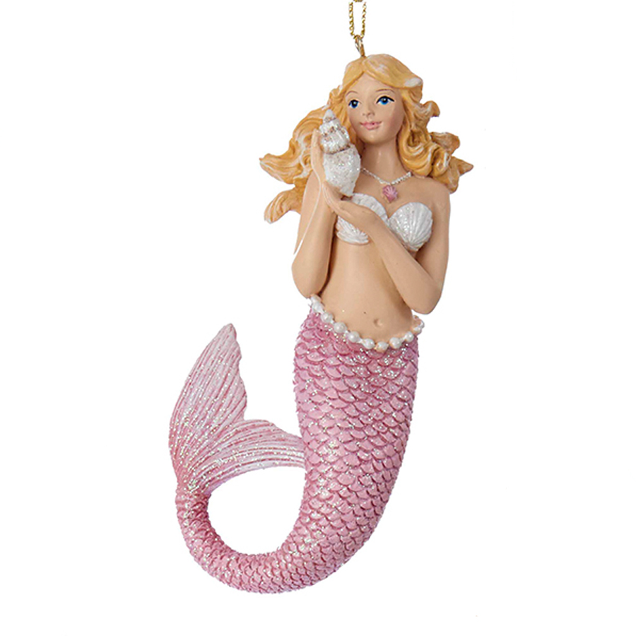 Pink Mermaid With Shell Ornament The Music Box Company