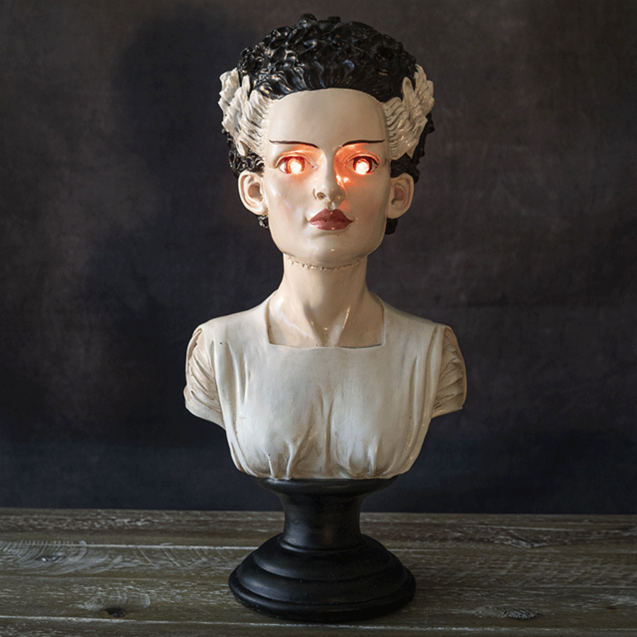 Halloween store Frankenstein and Bride statues busts decor GREEN lights up