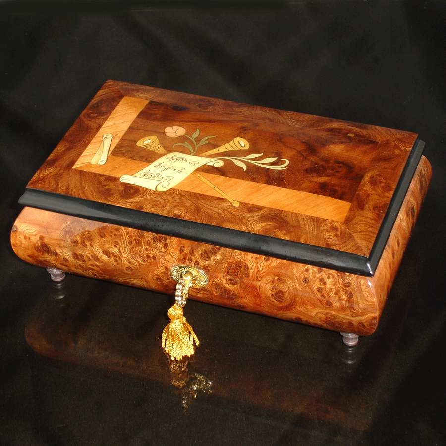 Italian Inlay Musical Jewelry Box Burl Walnut The Music Box Company